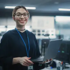 En kvinna med glasögon håller en laptop i ett modernt kontor, redo för sin cyber security utbildning distans.