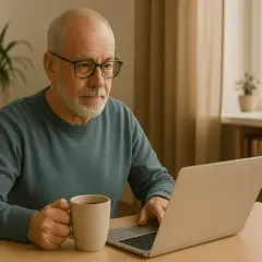 Äldre man med glasögon jobbar hemifrån vid sin laptop med en mugg kaffe. Han funderar på vilka jobb man kan jobba hemifrån.