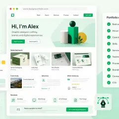 En webbplatsportfölj för en grafisk designer som visar upp projekt som varumärkesidentitet och webbdesign.