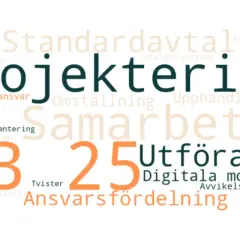 Ordmoln med fokus på "Projektering" och "Samarbete". Nyckelord som "Utförande", "AB 25" och "Ansvarsfördelning" antyder en organisation som arbetar med projekt och kompetensutveckling.