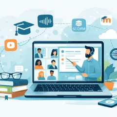 En lärare leder en e-learning utbildning via en laptop. Flera deltagare syns i små fönster, och ikoner för lärande och digitala verktyg omger scenen.