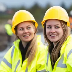 Två glada kvinnor i gula hjälmar och varselkläder på en byggarbetsplats. De ser ut att trivas med sin kompetensutveckling och utbildning.
