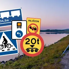 Swedish road signs for trucks, bicycles, environmental zones, and weight limits, overlaid on a scenic road and lake landscape.