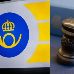 Postverkets logotyp och en domarhammare. Vad betyder interimistiskt? Kanske en tillfällig lösning i väntan på ett domslut.