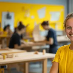 Glad ung kvinna ler i verkstad. Hon deltar i utbildningar utan gymnasieexamen, där hon lär sig praktiska färdigheter.