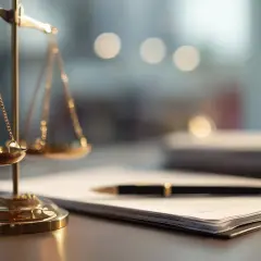Golden scales of justice on a desk with a pen and papers.