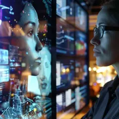 En **network engineer** ser på en digital avatar som reflekteras i en skärm med data.