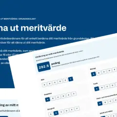En skärmbild visar en meritvärdesräknare där man kan beräkna sitt meritvärde. En poäng på 292.5 visas, med möjlighet att välja betyg för olika ämnen.