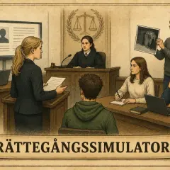 Rättssal med ungdomar som övar på en rättegång. En domare, åklagare och vittnen. Allt för att lära sig principen in dubio pro reo.