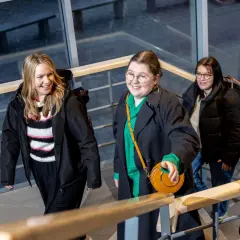 Fyra glada studenter går uppför trappan på campus Ljungby.