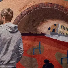 En vävd bild med människor och en valvbro. Kanske en scen från politices kandidatprogram Lund, med symboler för frihet och röster.