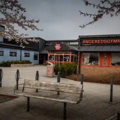 Angeredsgymnasiet i vårskrud med blommande träd. En bänk står tom på skolgården.