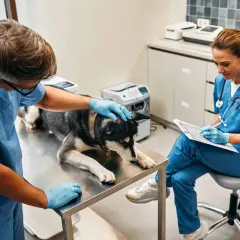 En djurvårdare nivå 3 undersöker en hund på ett undersökningsbord medan en kollega dokumenterar.