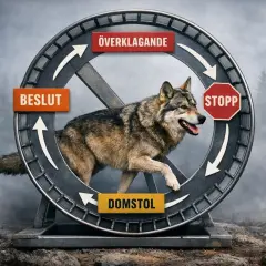 En varg springer i ett hjul med texten "Överklagande", "Beslut", "Stopp" och "Domstol". En bild som illustrerar villfarelse betyder att man fastnar i en ond cirkel.