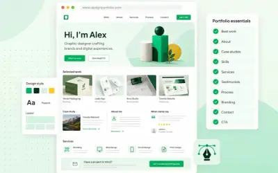 En webbplatsportfölj för en grafisk designer som visar upp projekt som varumärkesidentitet och webbdesign.