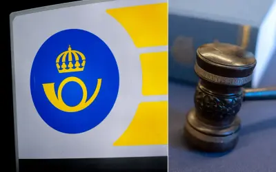 Postverkets logotyp och en domarhammare. Vad betyder interimistiskt? Kanske en tillfällig lösning i väntan på ett domslut.