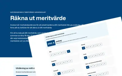 En skärmbild visar en meritvärdesräknare där man kan beräkna sitt meritvärde. En poäng på 292.5 visas, med möjlighet att välja betyg för olika ämnen.