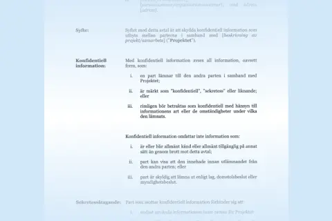 Exempel på avtal mellan två parter som reglerar hantering av konfidentiell information i ett projekt.