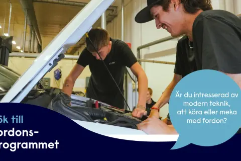 Två unga män arbetar med en bilmotor. Sök till Fordons-programmet för att lära dig om modern teknik och fordon.