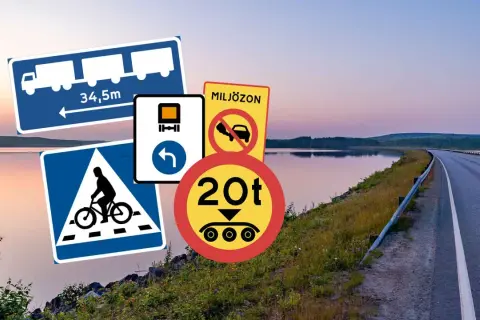 Swedish road signs for trucks, bicycles, environmental zones, and weight limits, overlaid on a scenic road and lake landscape.