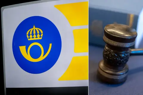 Postverkets logotyp och en domarhammare. Vad betyder interimistiskt? Kanske en tillfällig lösning i väntan på ett domslut.