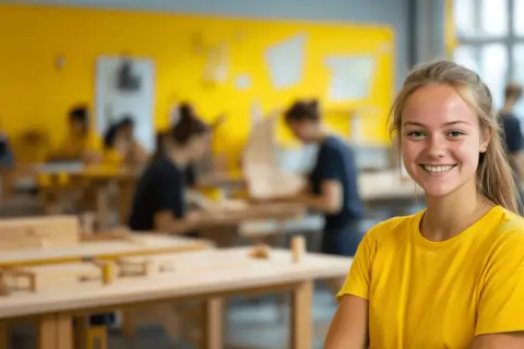 Glad ung kvinna ler i verkstad. Hon deltar i utbildningar utan gymnasieexamen, där hon lär sig praktiska färdigheter.