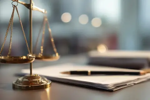 Golden scales of justice on a desk with a pen and papers.
