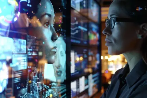 En **network engineer** ser på en digital avatar som reflekteras i en skärm med data.
