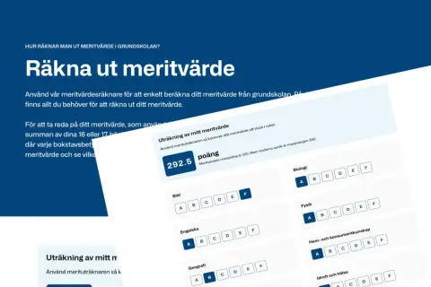 En skärmbild visar en meritvärdesräknare där man kan beräkna sitt meritvärde. En poäng på 292.5 visas, med möjlighet att välja betyg för olika ämnen.