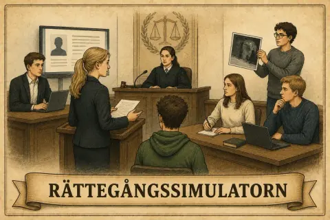 Rättssal med ungdomar som övar på en rättegång. En domare, åklagare och vittnen. Allt för att lära sig principen in dubio pro reo.