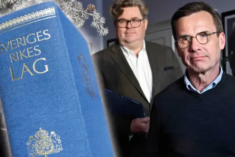 En blå lagbok, "Sveriges Rikes Lag", bredvid två män, antyder hur stiftas en lag.