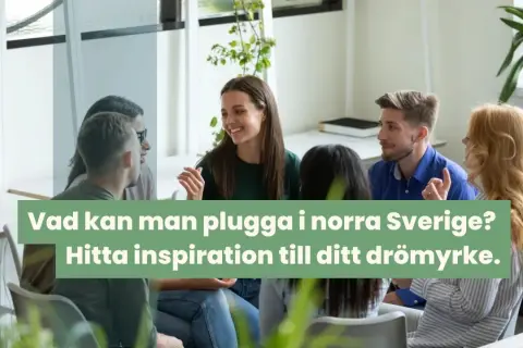 En grupp unga människor diskuterar vad ska jag jobba med. De sitter i en cirkel och ler, inspirerade av möjligheter.