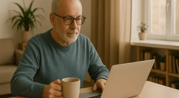 Äldre man med glasögon jobbar hemifrån vid sin laptop med en mugg kaffe. Han funderar på vilka jobb man kan jobba hemifrån.