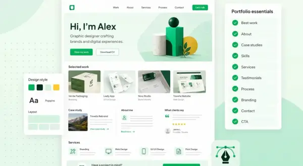 En webbplatsportfölj för en grafisk designer som visar upp projekt som varumärkesidentitet och webbdesign.