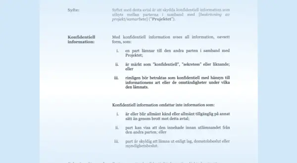 Exempel på avtal mellan två parter som reglerar hantering av konfidentiell information i ett projekt.