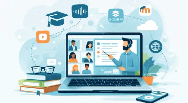 En lärare leder en e-learning utbildning via en laptop. Flera deltagare syns i små fönster, och ikoner för lärande och digitala verktyg omger scenen.