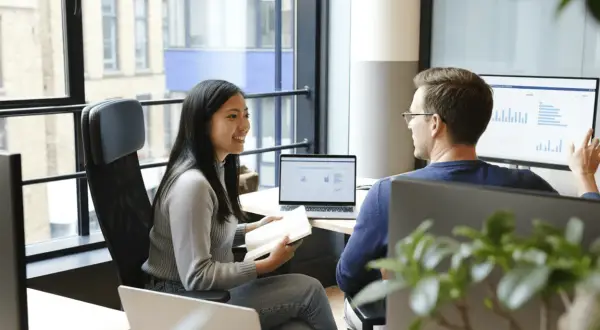 Två kollegor, en teknisk account manager och en kollega, diskuterar data på en stor skärm.