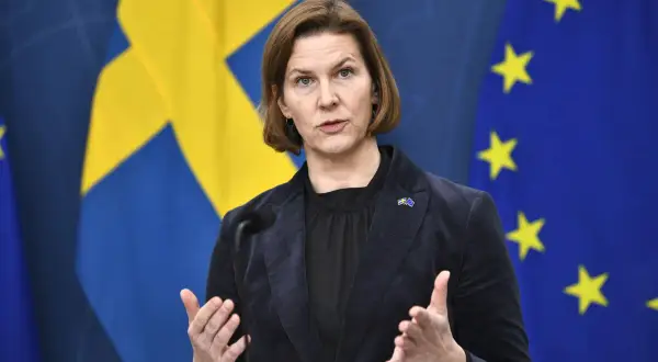 Kvinnlig talare framför svenska och EU-flaggor, diskuterar direkt effekt EU.