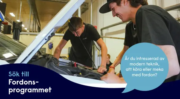 Två unga män arbetar med en bilmotor. Sök till Fordons-programmet för att lära dig om modern teknik och fordon.