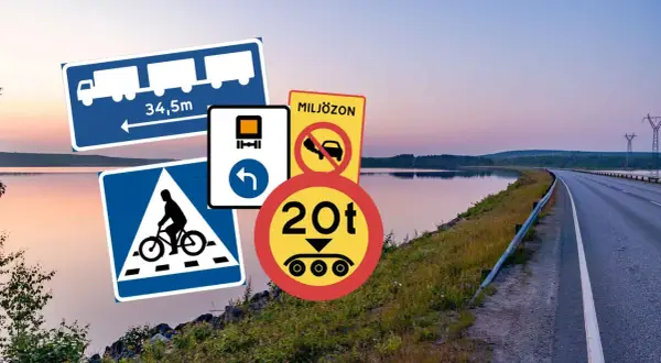 Swedish road signs for trucks, bicycles, environmental zones, and weight limits, overlaid on a scenic road and lake landscape.