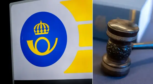 Postverkets logotyp och en domarhammare. Vad betyder interimistiskt? Kanske en tillfällig lösning i väntan på ett domslut.
