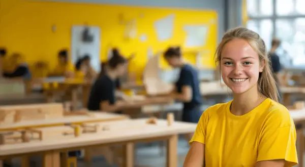 Glad ung kvinna ler i verkstad. Hon deltar i utbildningar utan gymnasieexamen, där hon lär sig praktiska färdigheter.