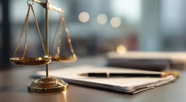 Golden scales of justice on a desk with a pen and papers.