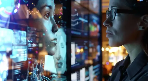 En **network engineer** ser på en digital avatar som reflekteras i en skärm med data.