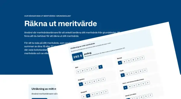 En skärmbild visar en meritvärdesräknare där man kan beräkna sitt meritvärde. En poäng på 292.5 visas, med möjlighet att välja betyg för olika ämnen.