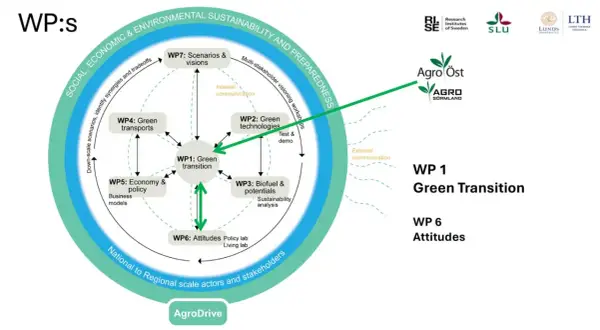 Schema för agronom utbildning som visar arbetspaket (WP) för grön omställning, teknologier, biobränslen, ekonomi, transporter och attityder.