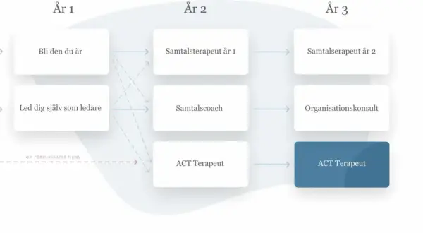 Flödesschema som visar vägar till att bli ACT Terapeut genom kbt utbildning distans. Utbildningen sträcker sig över tre år med olika inriktningar.