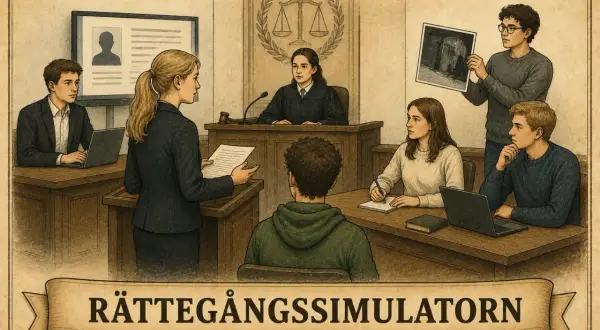 Rättssal med ungdomar som övar på en rättegång. En domare, åklagare och vittnen. Allt för att lära sig principen in dubio pro reo.