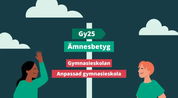 Två elever vid en vägskylt som visar riktningar för Gy25, ämnesbetyg och gymnasieskolan. Ett nytt betygssystem är på väg.