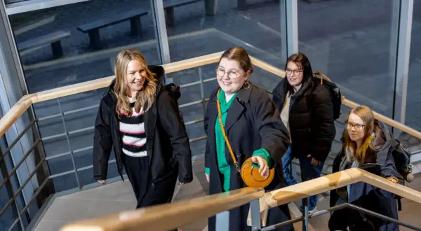 Fyra glada studenter går uppför trappan på campus Ljungby.